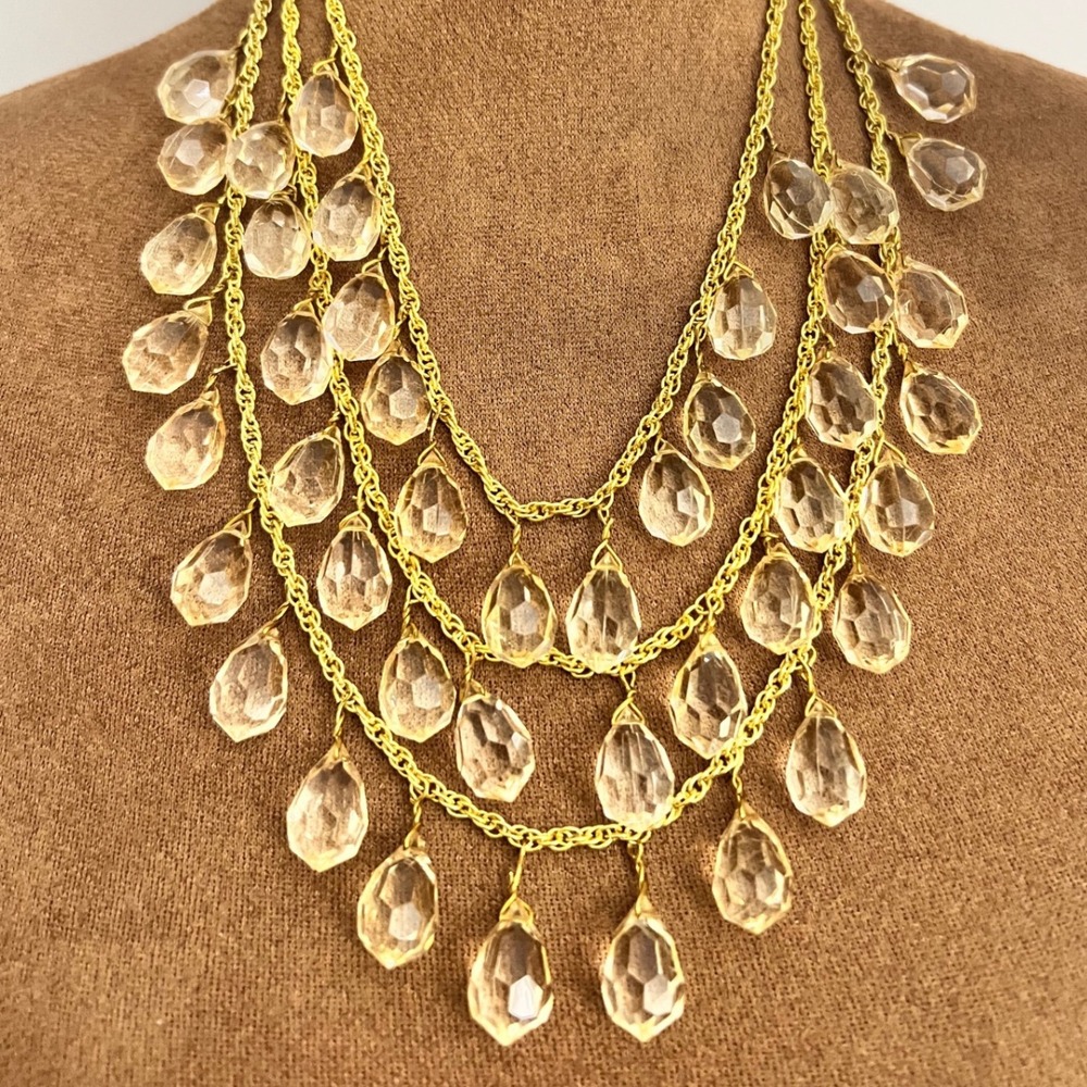 Gold Tone Multi Strand Teardrop Bead Statement Necklace 19-22 In Fairycore